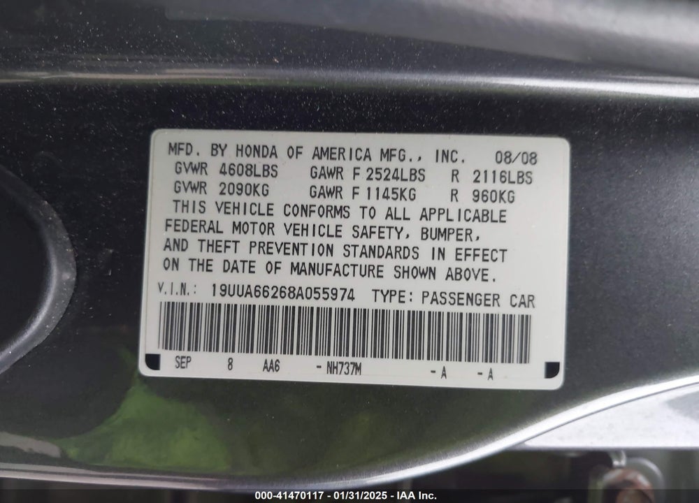 2008 ACURA TL 3.2 VIN: 19UUA66268A055974