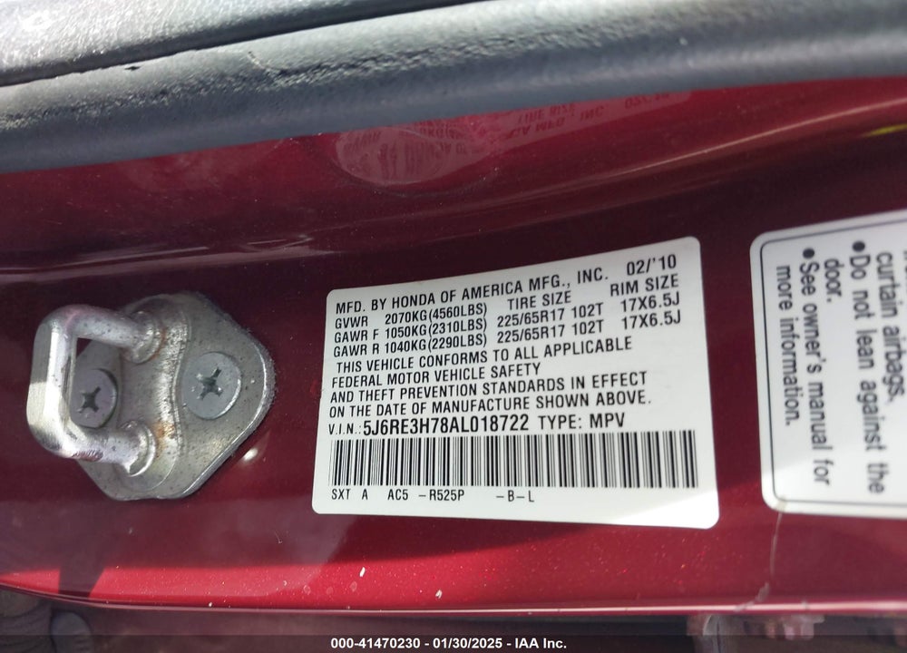 2010 HONDA CR-V EX-L VIN: 5J6RE3H78AL018722