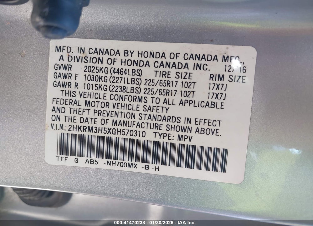 2016 HONDA CR-V VIN: 2HKRM3H5XGH570310