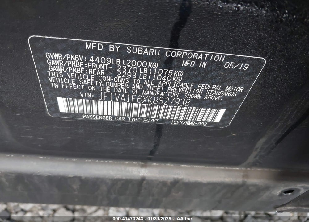 2019 SUBARU WRX PREMIUM VIN: JF1VA1F6XK8827938
