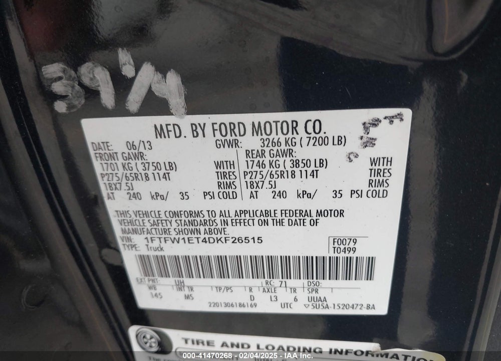 2013 FORD F-150 VIN: 1FTFW1ET4DKF26515