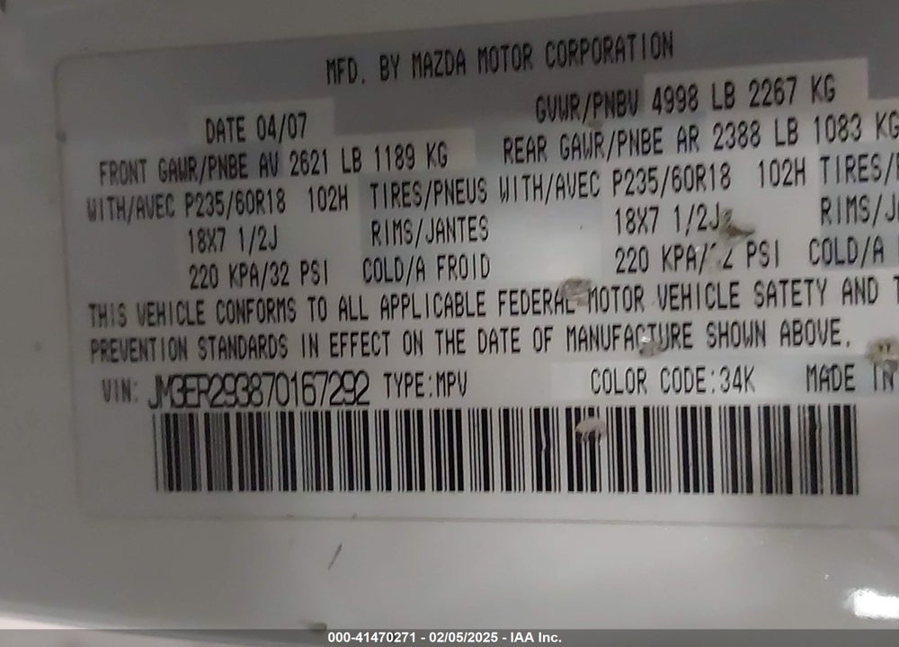 2007 MAZDA CX-7 GRAND TOURING VIN: JM3ER293870167292