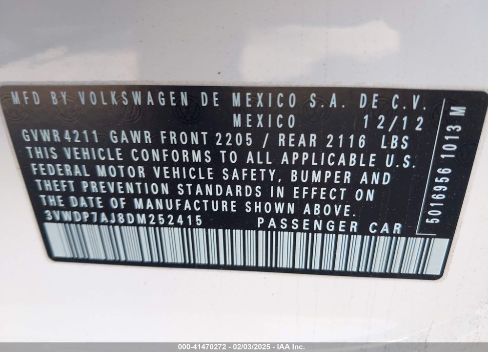 2013 VOLKSWAGEN JETTA 2.5L SE VIN: 3VWDP7AJ8DM252415