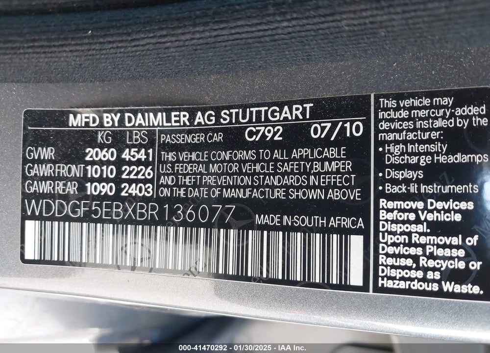 2011 MERCEDES-BENZ C 300 VIN: WDDGF5EBXBR136077