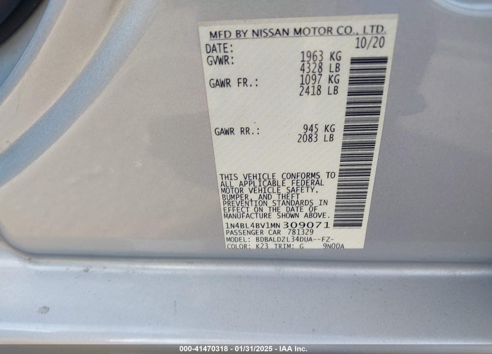2021 NISSAN ALTIMA S FWD VIN: 1N4BL4BV1MN309071