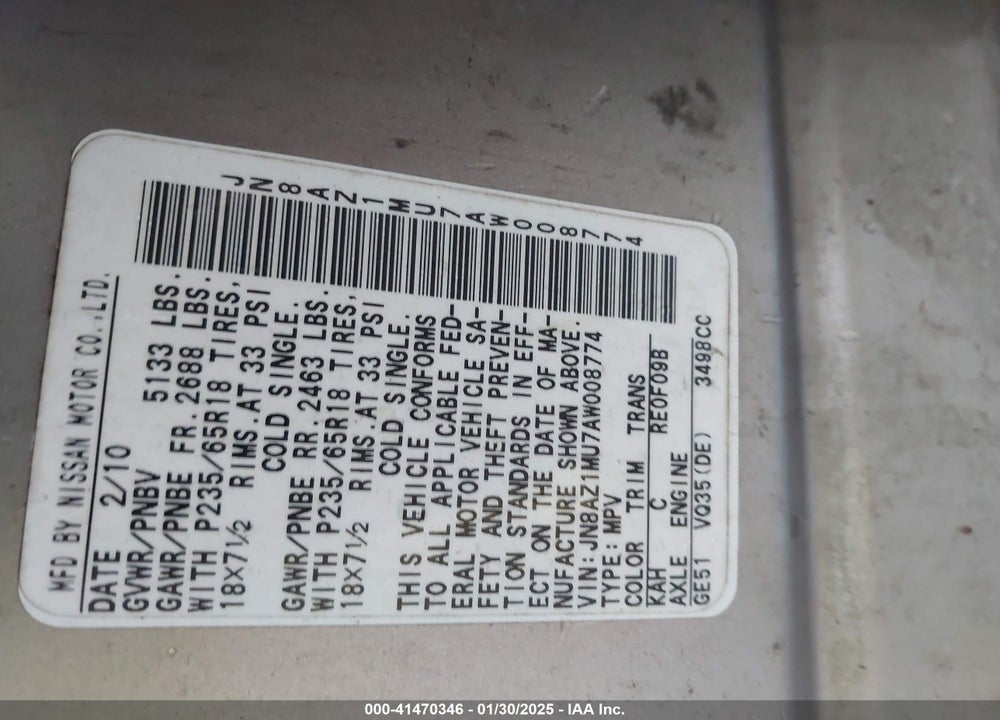 2010 NISSAN MURANO S VIN: JN8AZ1MU7AW008774