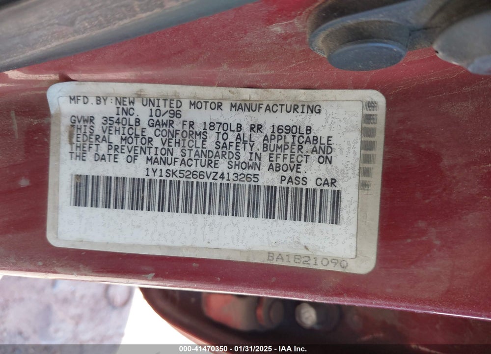 1997 GEO PRIZM VIN: 1Y1SK5266VZ413265