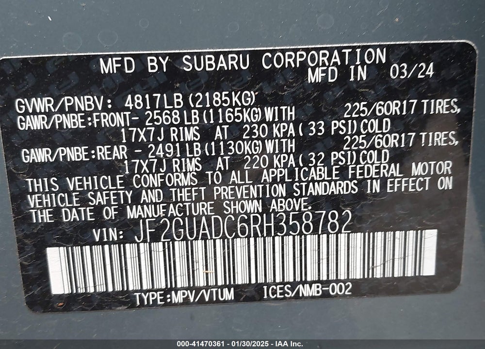 2024 SUBARU CROSSTREK PREMIUM VIN: JF2GUADC6RH358782