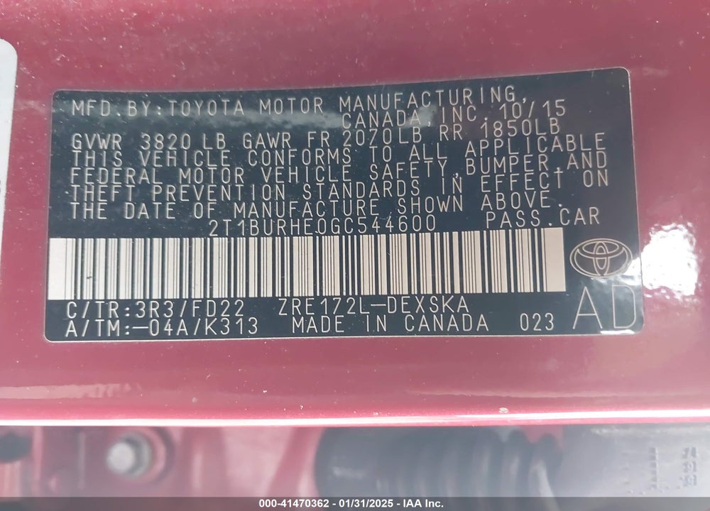 2016 TOYOTA COROLLA VIN: 2T1BURHE0GC544600