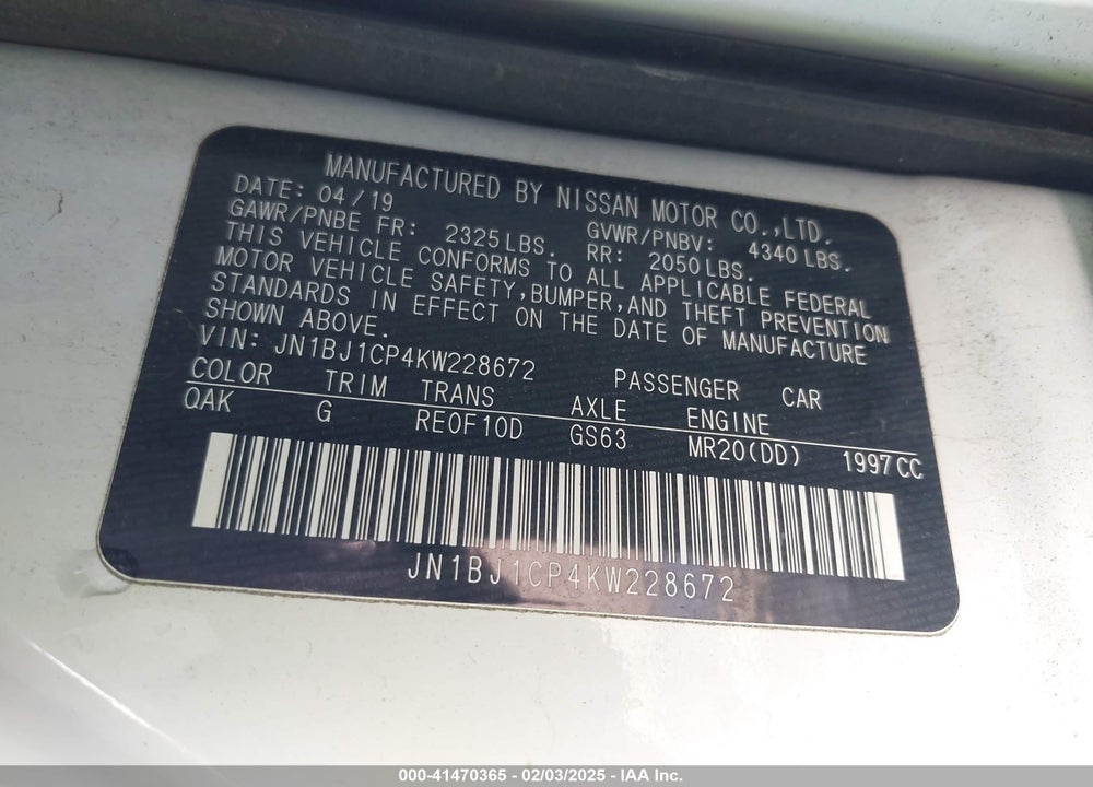 2019 NISSAN ROGUE SPORT VIN: JN1BJ1CP4KW228672