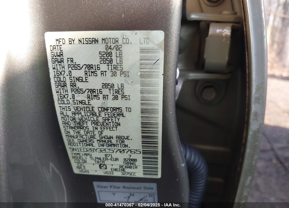 2002 NISSAN XTERRA XE VIN: 5N1ED28Y32C570765