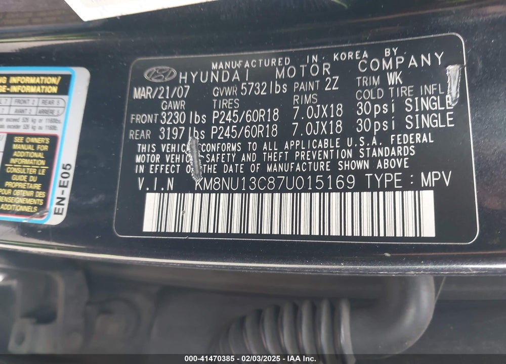 2007 HYUNDAI VERACRUZ VIN: KM8NU13C87U015169