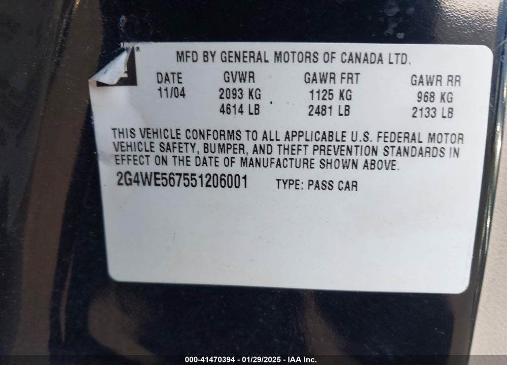 2005 BUICK LACROSSE CXS VIN: 2G4WE567551206001