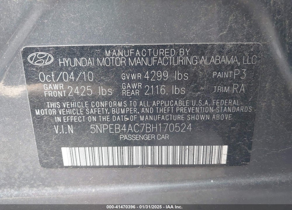 2011 HYUNDAI SONATA GLS VIN: 5NPEB4AC7BH170524