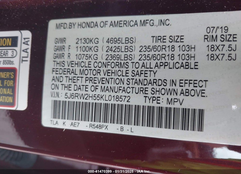 2019 HONDA CR-V VIN: 5J6RW2H55KL018572