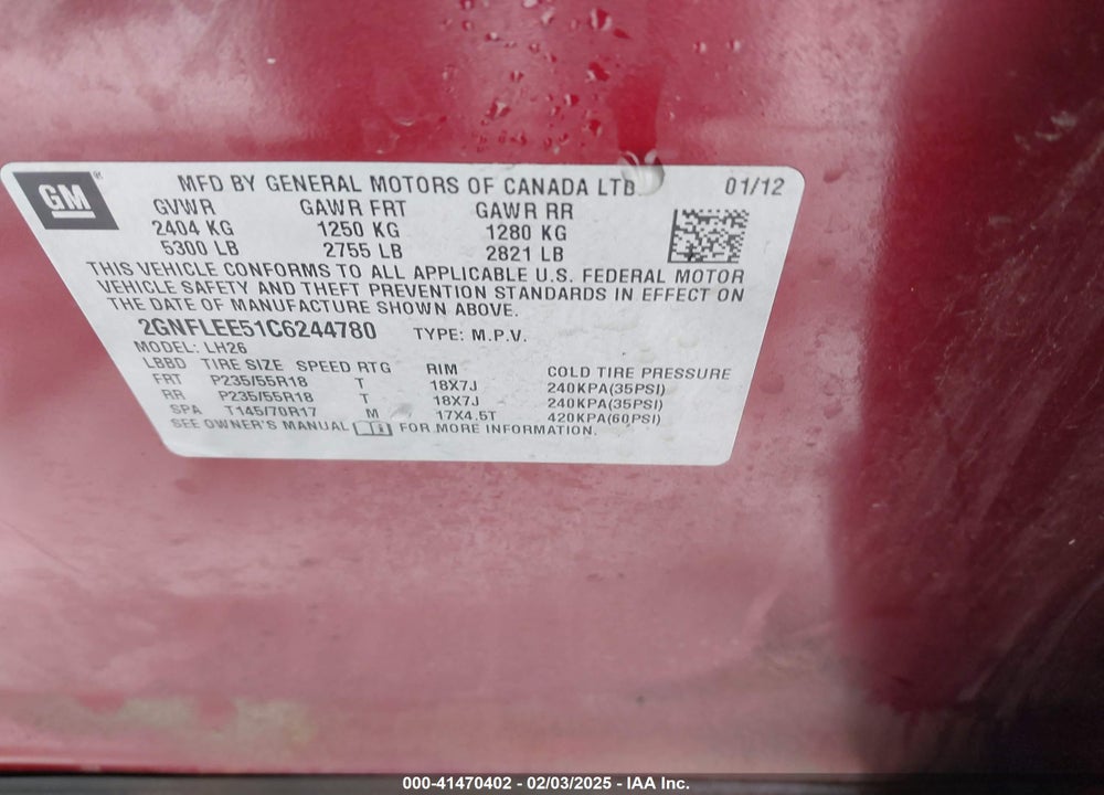 2012 CHEVROLET EQUINOX VIN: 2GNFLEE51C6244780