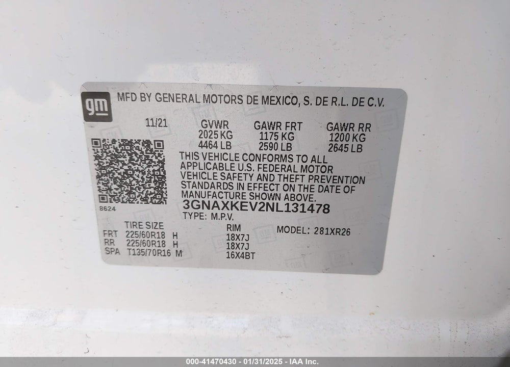 2022 CHEVROLET EQUINOX VIN: 3GNAXKEV2NL131478