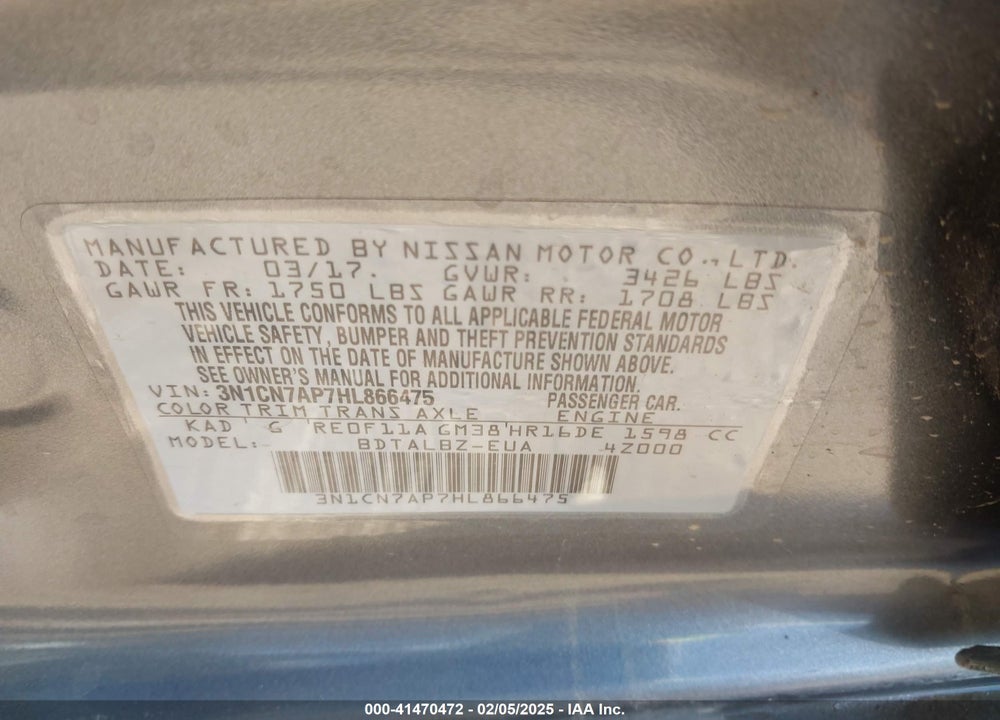 2017 NISSAN VERSA VIN: 3N1CN7AP7HL866475