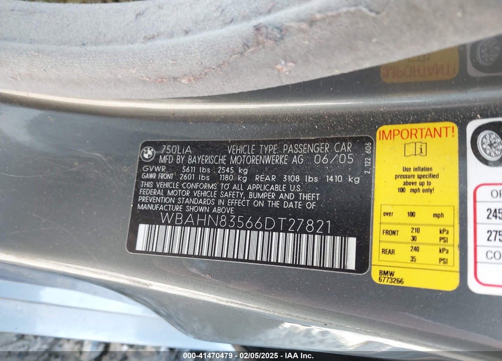 2006 BMW 750LI VIN: WBAHN83566DT27821