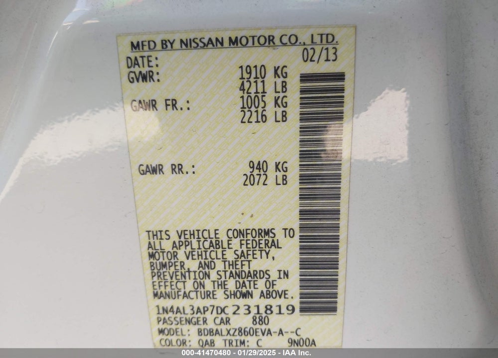 2013 NISSAN ALTIMA VIN: 1N4AL3AP7DC231819
