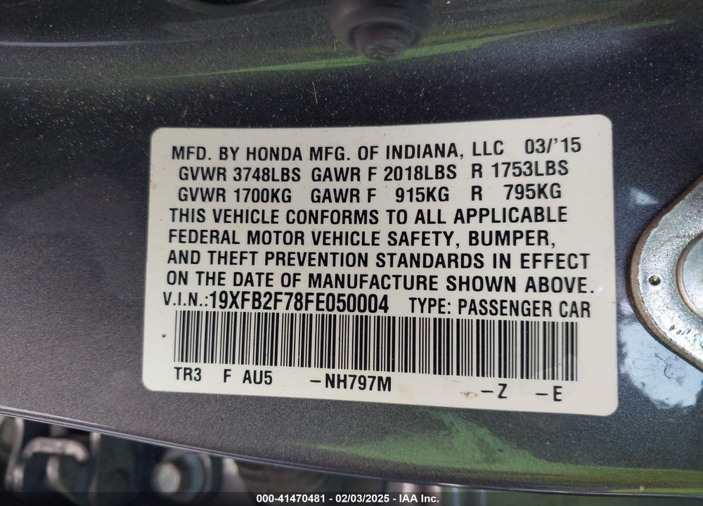 2015 HONDA CIVIC VIN: 19XFB2F78FE050004