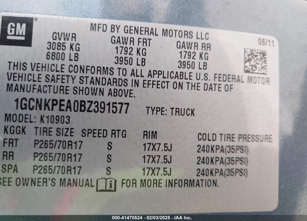2011 CHEVROLET SILVERADO VIN: 1GCNKPEA0BZ391577