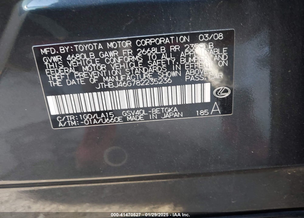2008 LEXUS ES 350 VIN: JTHBJ46G782235236