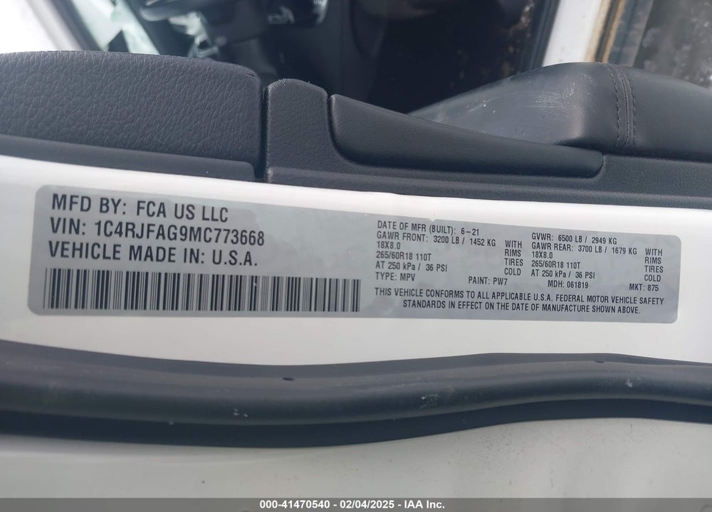 2021 JEEP GRAND CHEROKEE VIN: 1C4RJFAG9MC773668
