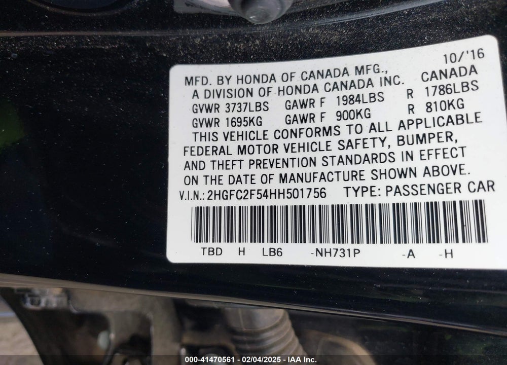 2017 HONDA CIVIC VIN: 2HGFC2F54HH501756