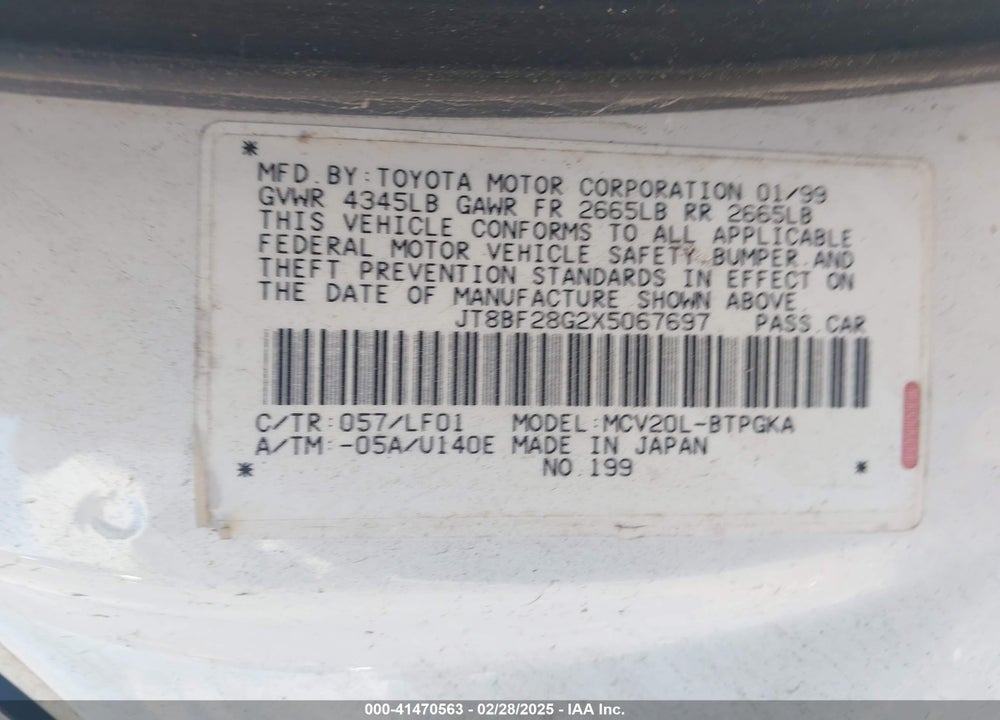 1999 LEXUS ES 300 VIN: JT8BF28G2X5067697