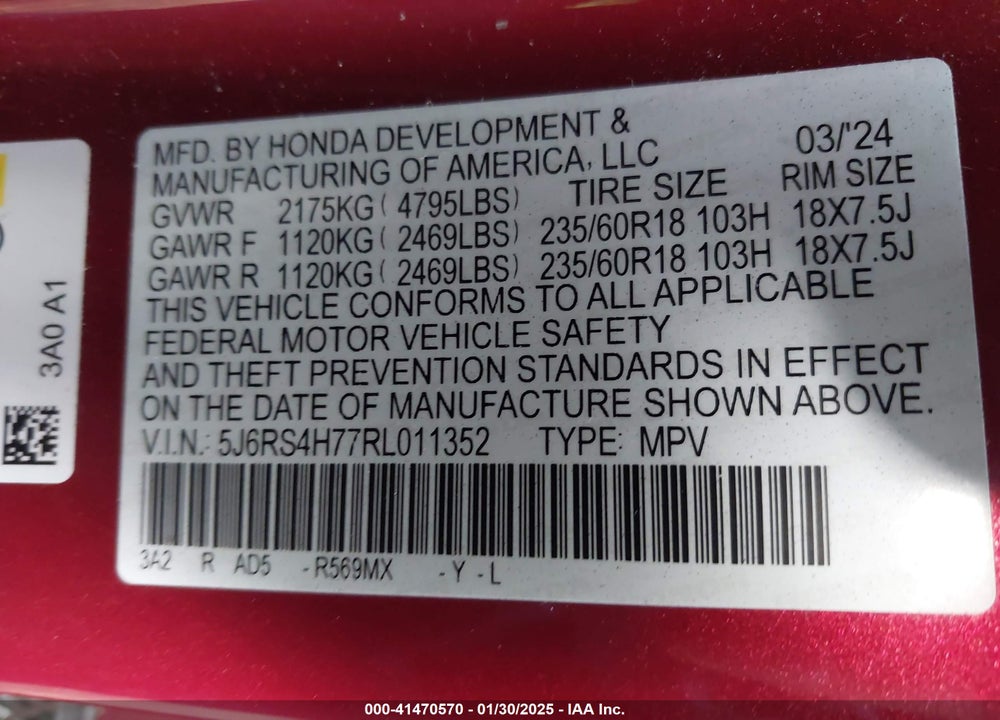 2024 HONDA CR-V VIN: 5J6RS4H77RL011352