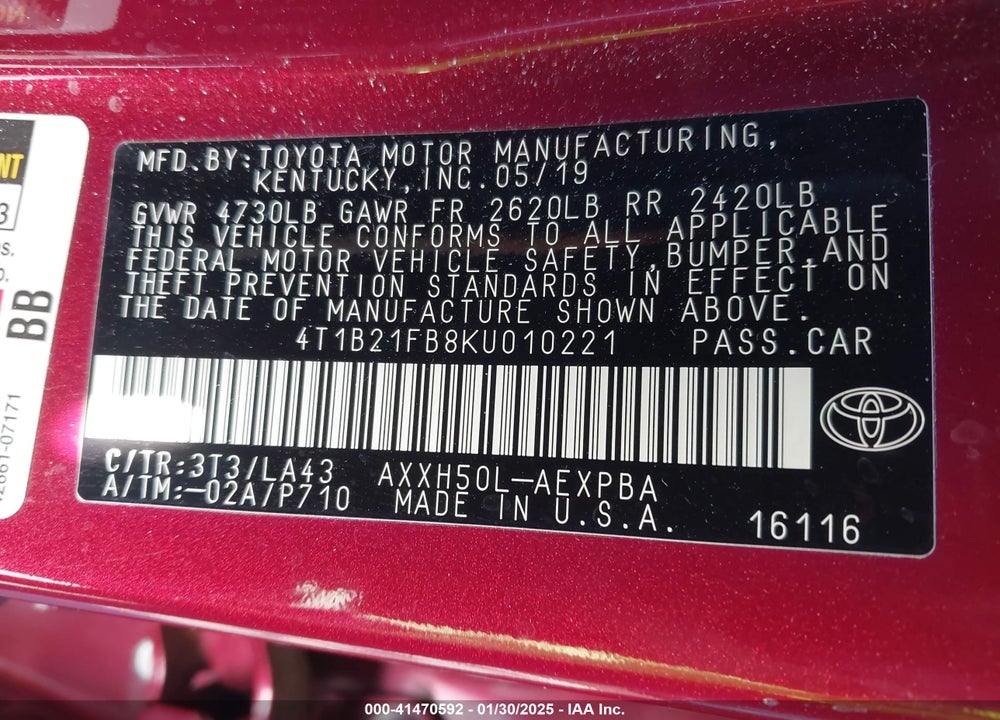 2019 TOYOTA AVALON HYBRID VIN: 4T1B21FB8KU010221