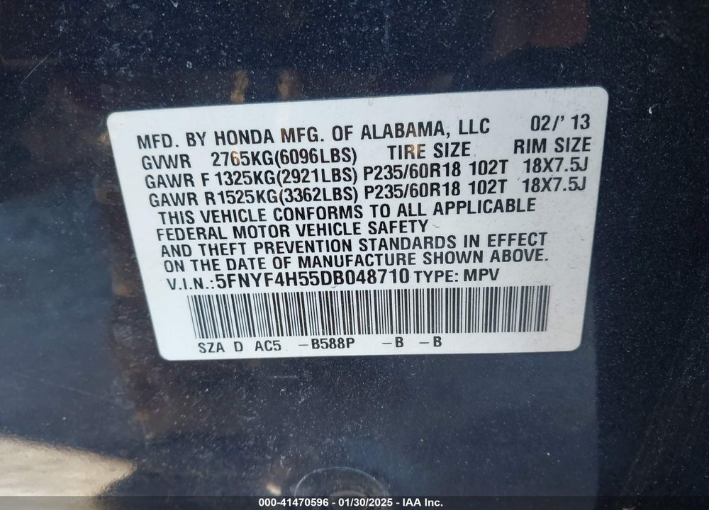 2013 HONDA PILOT EX-L VIN: 5FNYF4H55DB048710