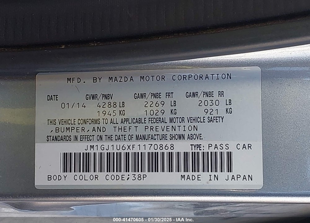 2015 MAZDA MAZDA6 VIN: JM1GJ1U6XF1170868