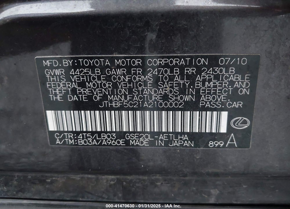 2010 LEXUS IS 250 VIN: JTHBF5C21A2100002