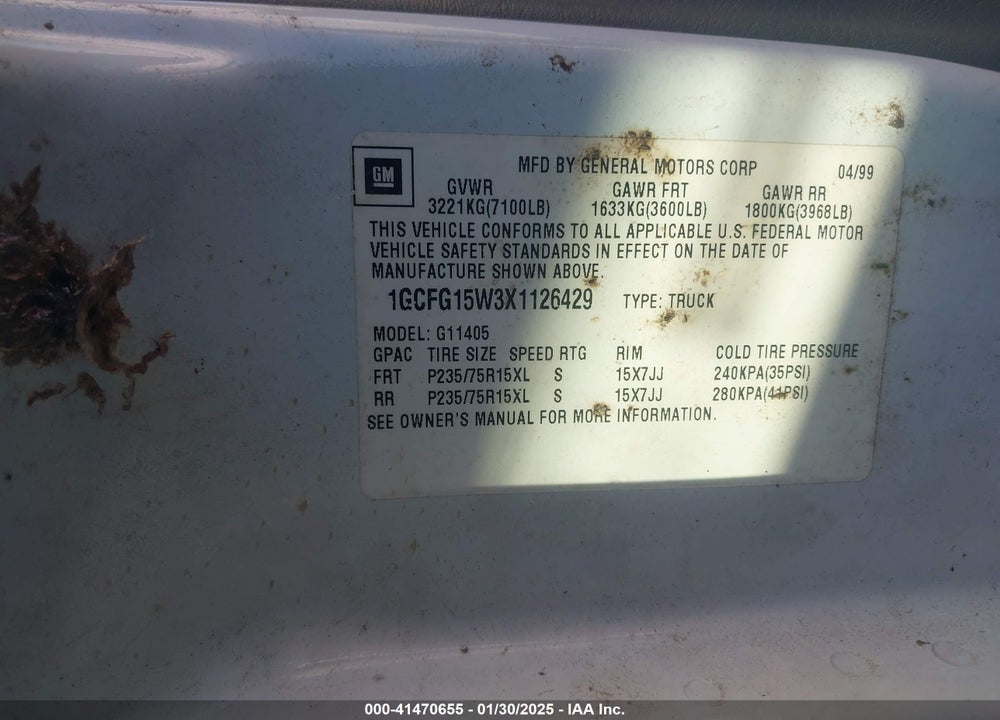 1999 CHEVROLET EXPRESS VIN: 1GCFG15W3X1126429