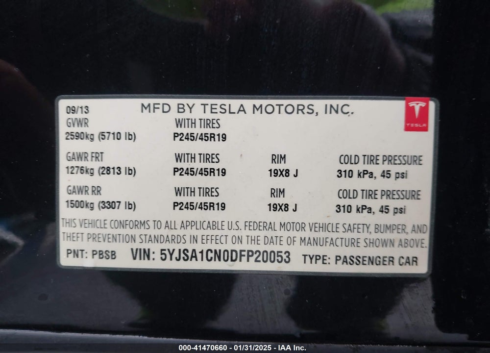 2013 TESLA MODEL S VIN: 5YJSA1CN0DFP20053