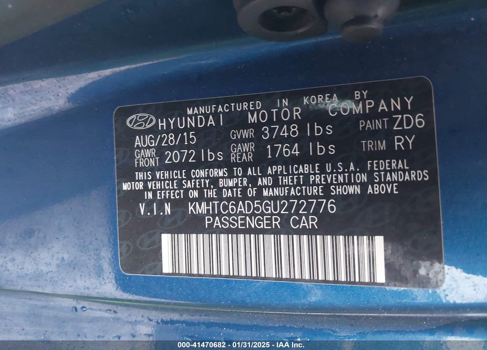 2016 HYUNDAI VELOSTER VIN: KMHTC6AD5GU272776