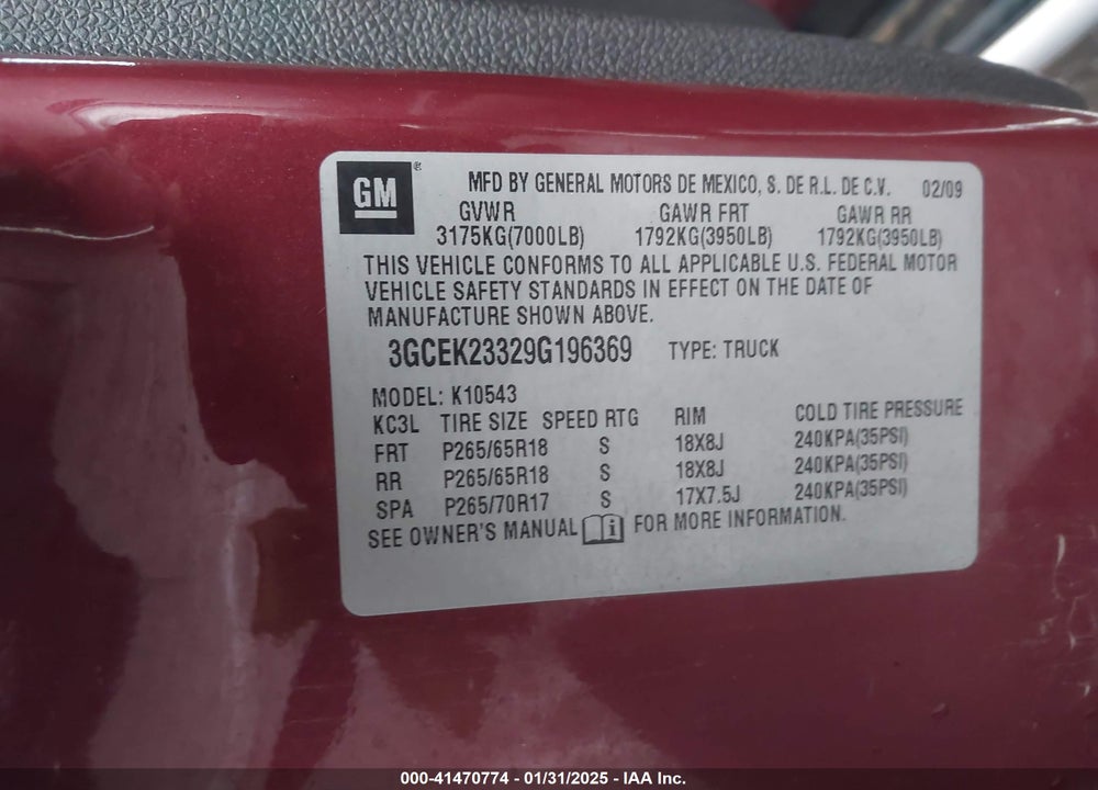 2009 CHEVROLET SILVERADO 1500 VIN: 3GCEK23329G196369