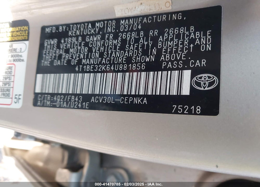 2004 TOYOTA CAMRY LE VIN: 4T1BE32K64U881856