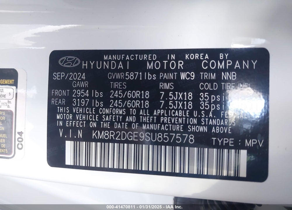 2025 HYUNDAI PALISADE SEL VIN: KM8R2DGE9SU857578