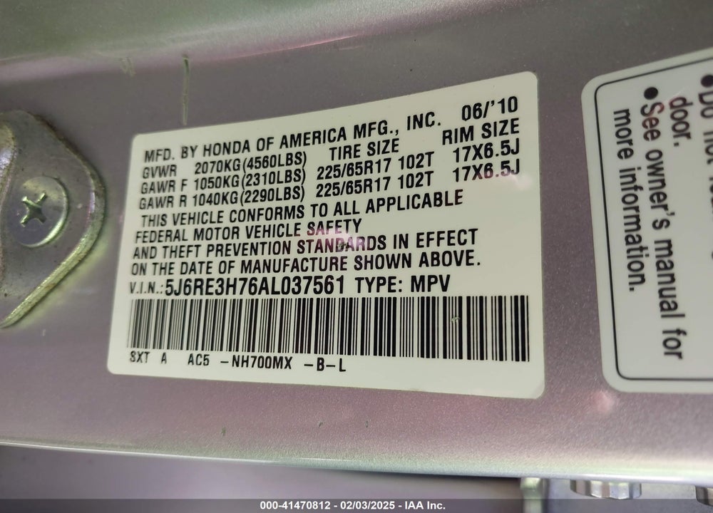 2010 HONDA CR-V EX-L VIN: 5J6RE3H76AL037561