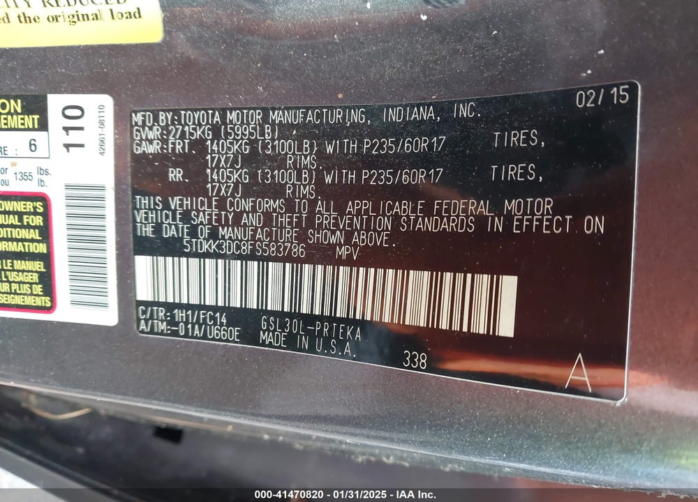 2015 TOYOTA SIENNA VIN: 5TDKK3DC8FS583786