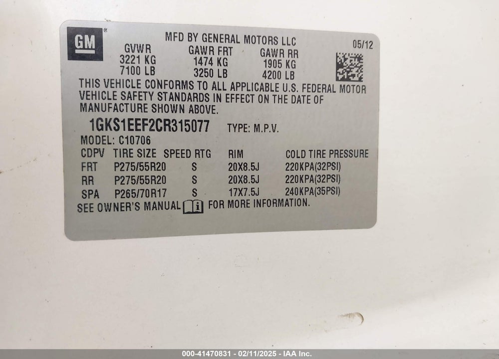 2012 GMC YUKON DENALI VIN: 1GKS1EEF2CR315077
