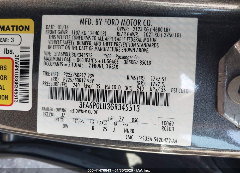 2016 FORD FUSION HYBRID SE VIN: 3FA6P0LU3GR345513