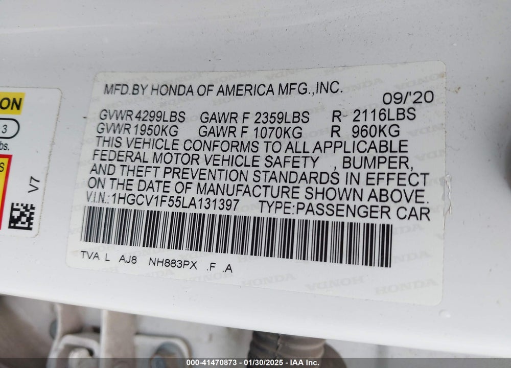 2020 HONDA ACCORD VIN: 1HGCV1F55LA131397