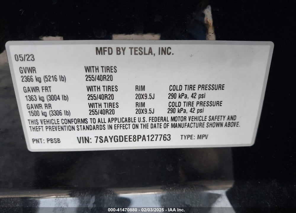 2023 TESLA MODEL Y AWD/LONG RANGE DUAL MOTOR ALL-WHEEL DRIVE VIN: 7SAYGDEE8PA127763