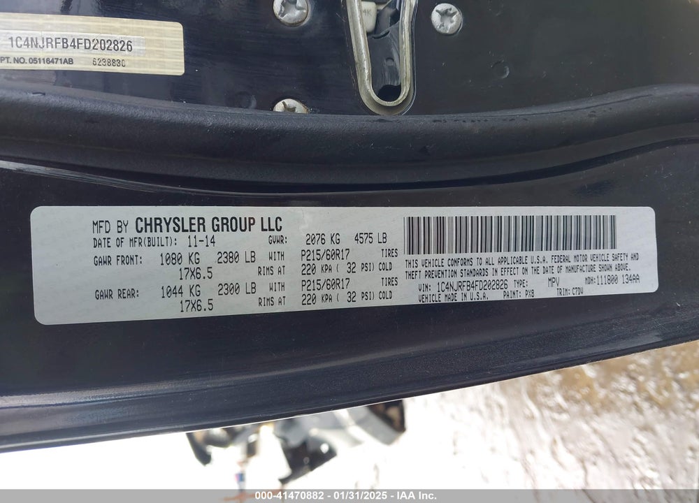 2015 JEEP PATRIOT LATITUDE VIN: 1C4NJRFB4FD202826