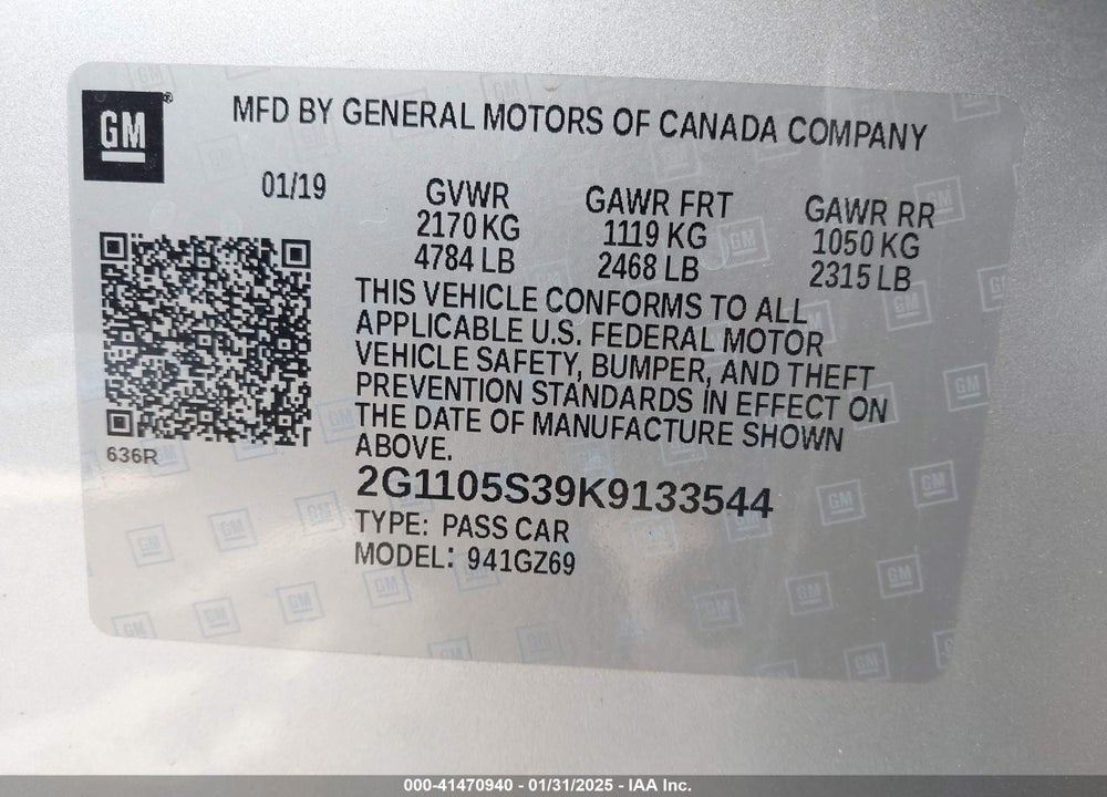 2019 CHEVROLET IMPALA VIN: 2G1105S39K9133544