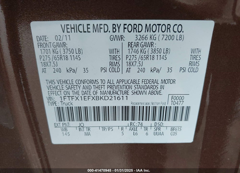2011 FORD F-150 XLT VIN: 1FTFX1EFXBKD21611